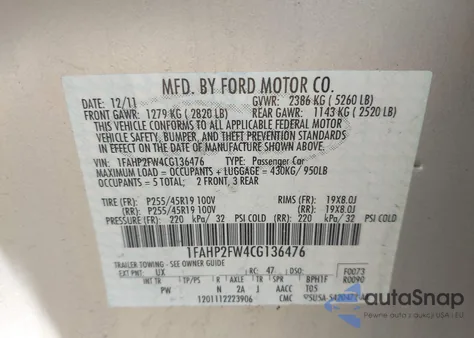 2012 Ford Taurus Limited z USA, uszkodzony, nr VIN 1FAHP2FW4CG136476